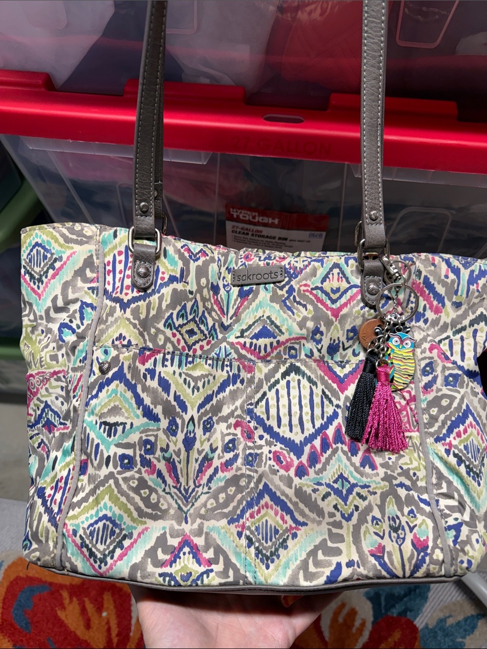 Sakroots Multicolor Ikat-Pattern Tote with Tassel and Owl Charm